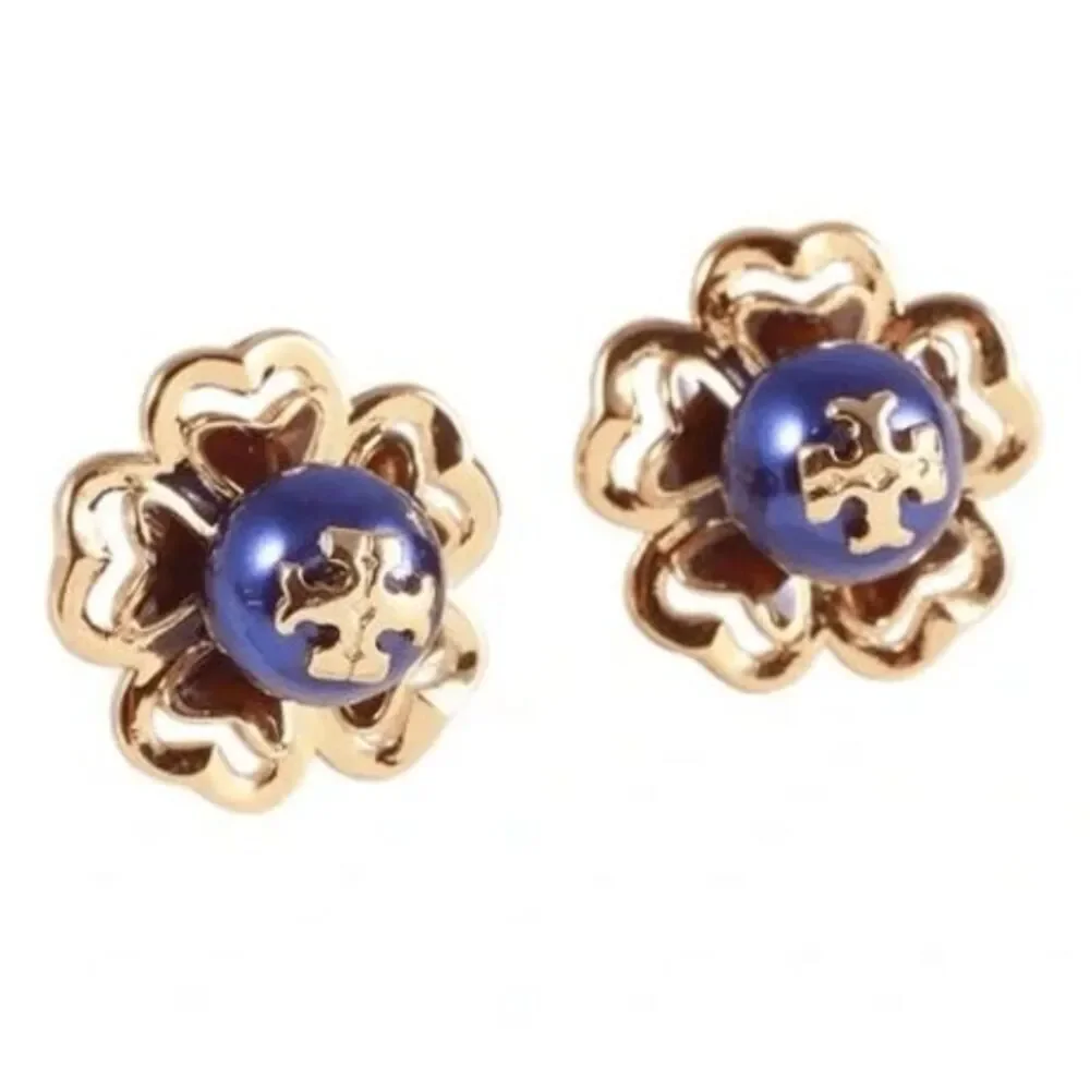 Tory Burch NEW 16k-gold plate blue faux pearl Katie Stud Earrings